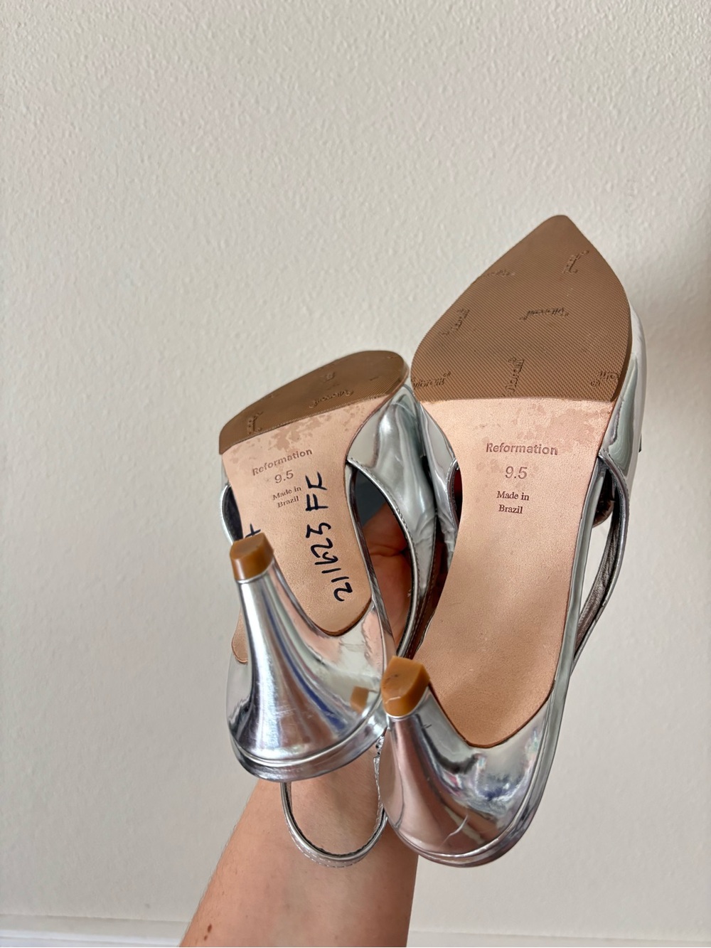 NEW Reformation Patent Leather Silver Metallic Pointer Loafer Slingback Heels - Picture 8 of 8